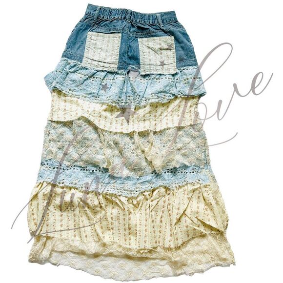 POL Clothing Floral Patchwork Eyelet Ruffle Denim Maxi Skirt NEW! - Picture 12 of 13